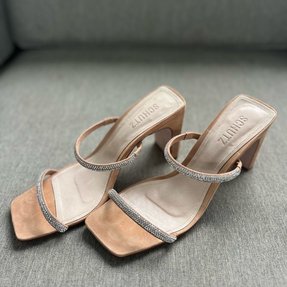 SCHUTZ Nude Rhinestone Strappy Heels - Picture 2 of 6
